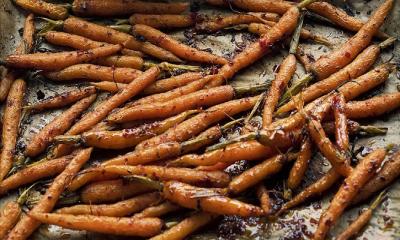Ottolenghi‍‍`s Roasted Baby Carrots with Harissa and Pomegranate