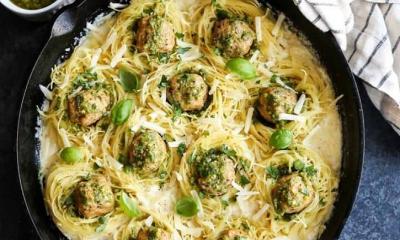 Creamy Garlic Pasta Nests With Pesto Chicken Meatballs