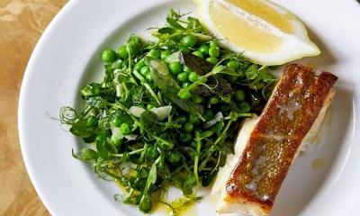 Roast Cod with Slow Cooked English Peas and Shoots