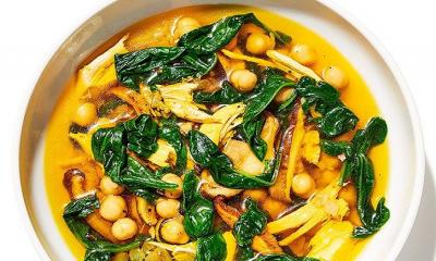 Saffron chicken stew with greens and chickpeas