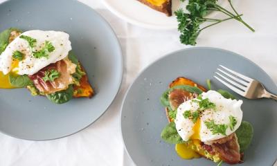 Sweet Potato Toast With Avocado, Spinach, Prosciutto And Poached Egg