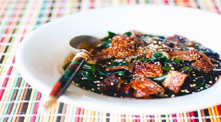 Black Rice Ochazuke with Crispy Salmon Skin