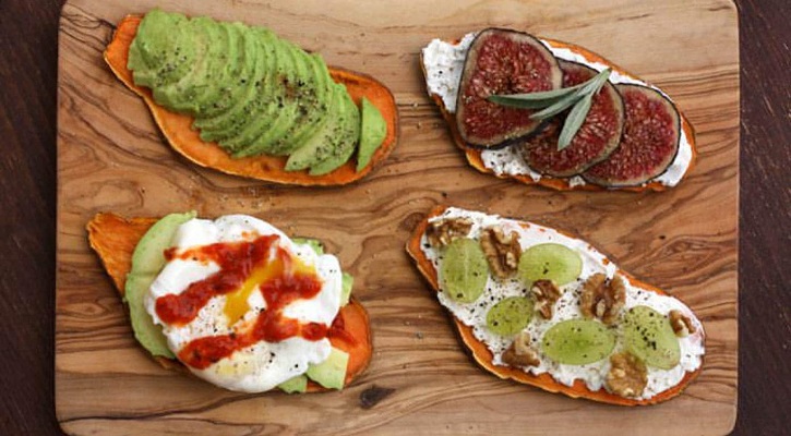 Sweet Potato Toast With Avocado, Cucumber, Smoked Salmon And Poached Egg