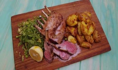 One-pan roast rack of lamb & green olive potatoes