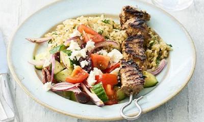 Pork souvlaki with Greek salad & rice