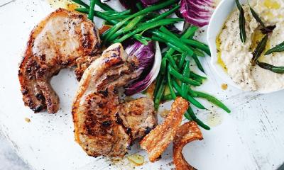 Pork chops & mustardy butter beans