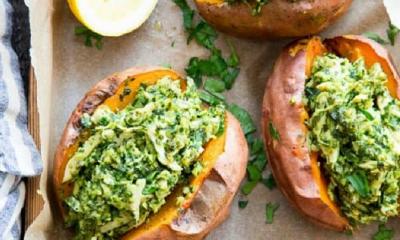 Chicken Pesto Stuffed Sweet Potatoes